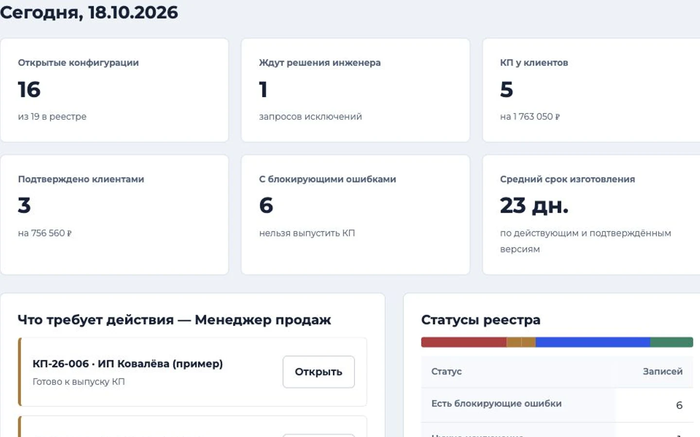 Интерфейс: Система подбора оборудования связывает технические ограничения, цену, срок и согласование предложения. Менеджер видит допустимые варианты, инженер рассматривает исключения, заказчик получает определённую версию КП.