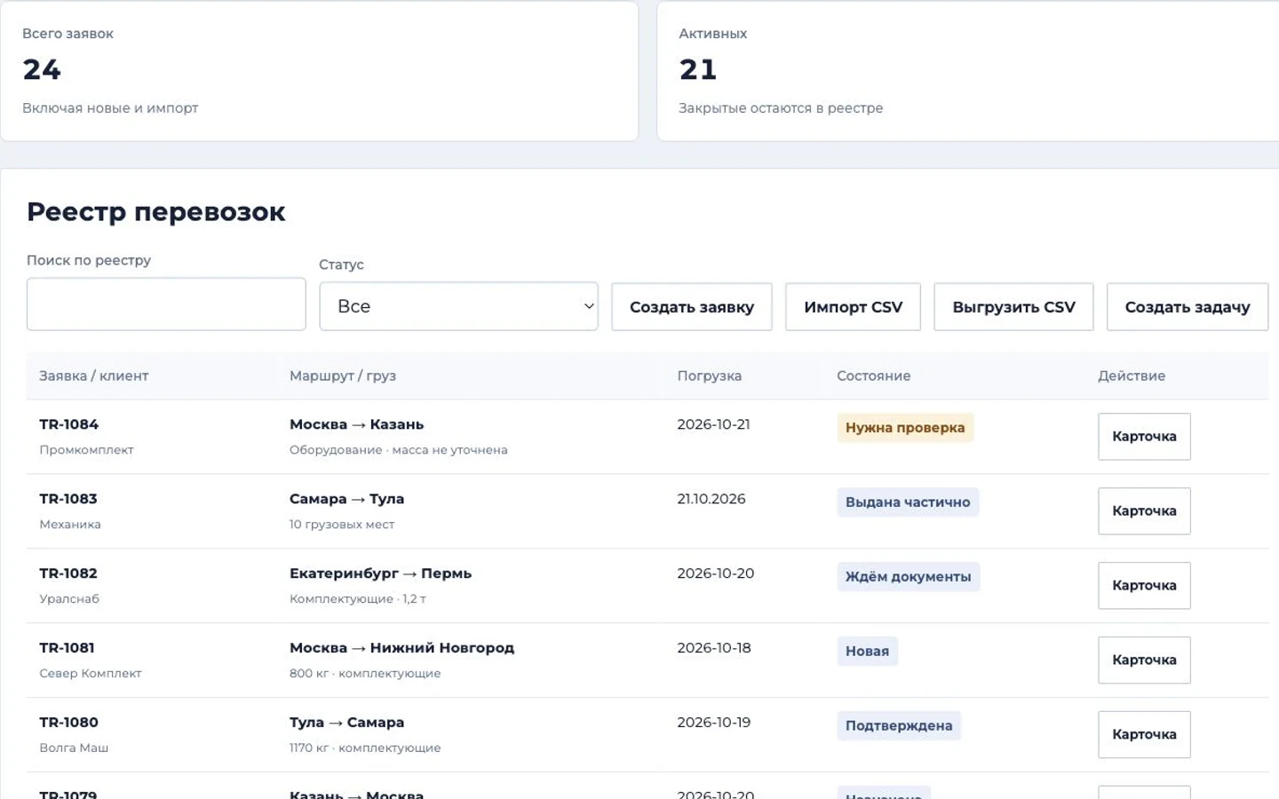 Интерфейс прототипа «Диспетчерская перевозок»