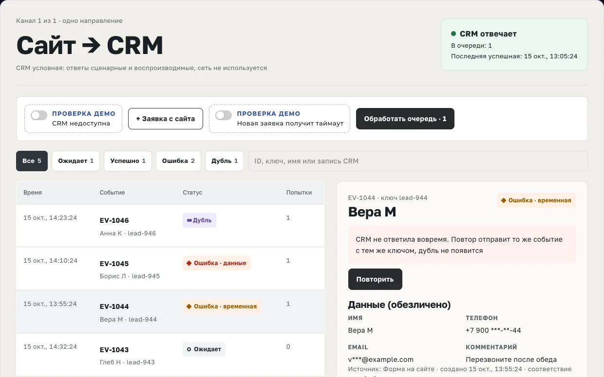 Интерфейс прототипа «Интеграция сайта и CRM»